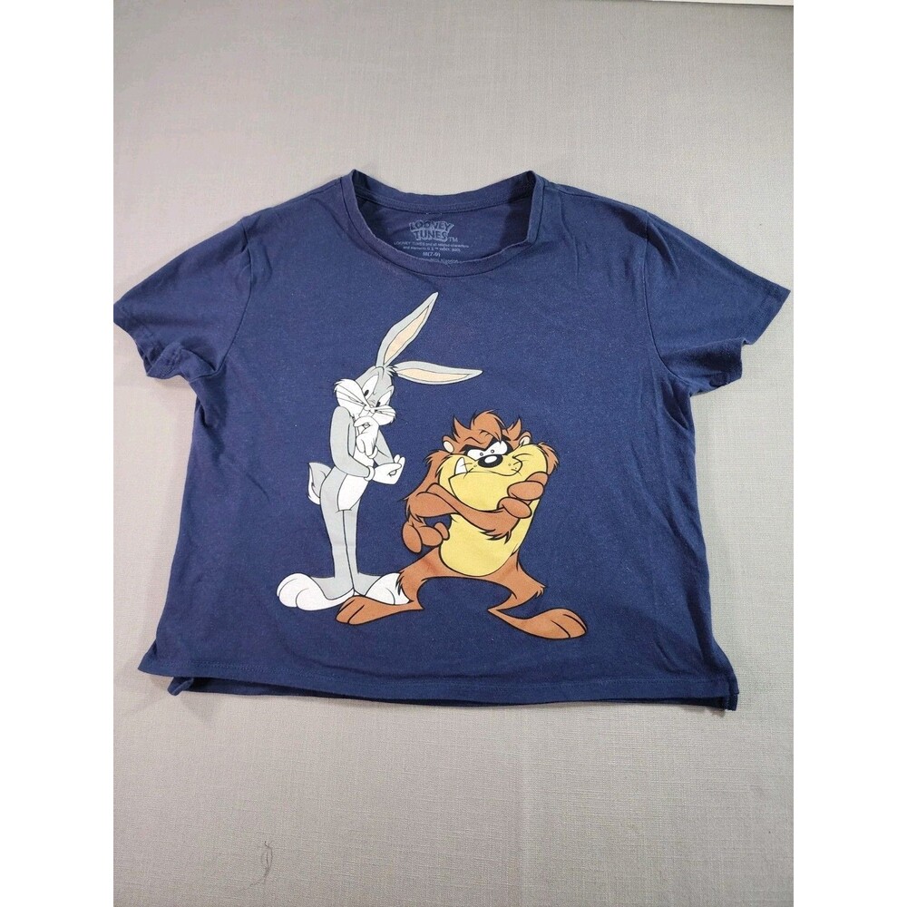 Vintage Style Looney Tunes Taz & Bugs Bunny Graphic Tee Blue Cartoon Shirt Woman